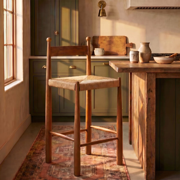Rowena Interiors Mango Wood Artisan Bar Stool with Handwoven Rope Seat for Farmhouse Kitchens EC2352