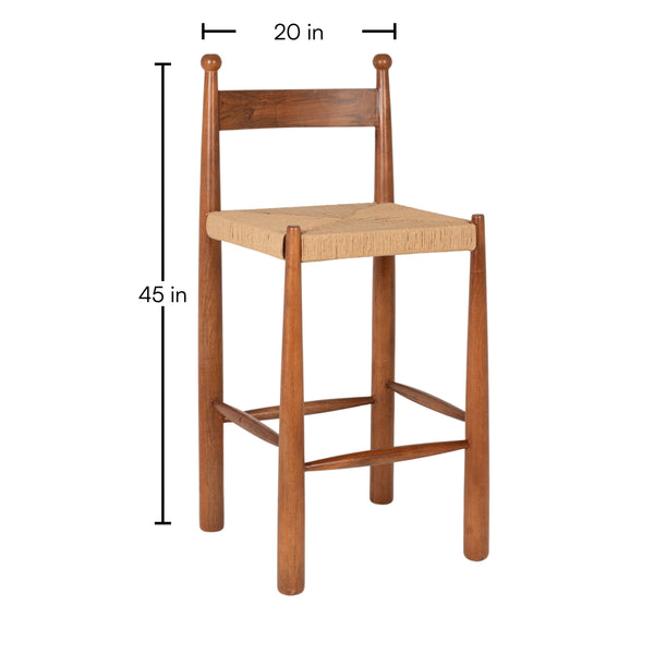 Rowena Interiors Mango Wood Artisan Bar Stool with Handwoven Rope Seat for Farmhouse Kitchens EC2352
