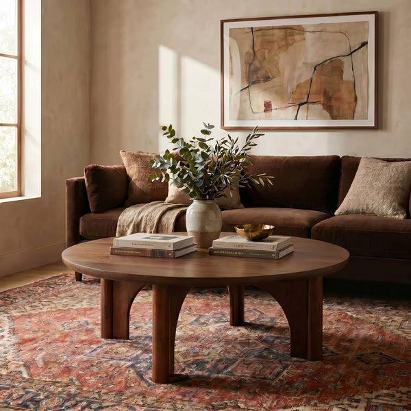 Rowena Interiors Round Solid Mango Wood Coffee Table with Sculptural Arched Legs for Modern Living Rooms EC2355