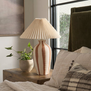 Rowena Interiors 20 Inch Hand Thrown Stoneware Table Lamp with Wide Pleated Linen Shade Artisan Craft EC2356