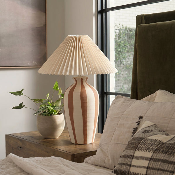 Rowena Interiors 20 Inch Hand Thrown Stoneware Table Lamp with Wide Pleated Linen Shade Artisan Craft EC2356