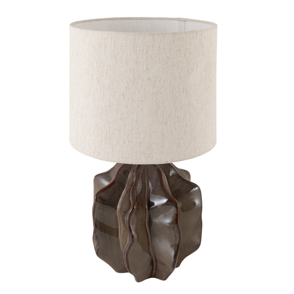 Rowena Interiors 19 Inch Handcrafted Stoneware Table Lamp with Beige Linen Drum Shade for Warm Ambiance EC2357