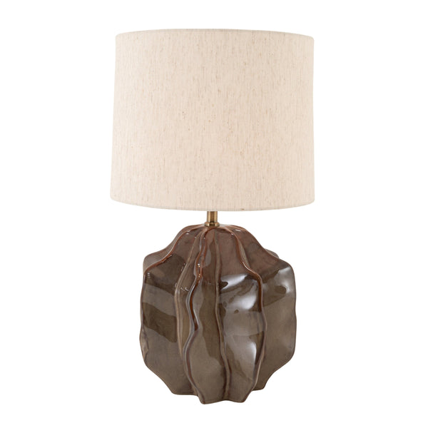 Rowena Interiors 19 Inch Handcrafted Stoneware Table Lamp with Beige Linen Drum Shade for Warm Ambiance EC2357