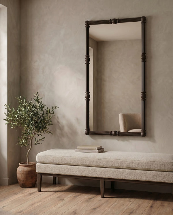 Rowena Interiors Rectangular Black Wood Mirror with Fluted Spindle Frame for Entryways and Bedrooms EC2360