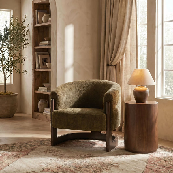 Rowena Interiors Beech Wood Barrel Back Velvet Accent Chair Mid Century Modern Reading Nook Seat EC2364