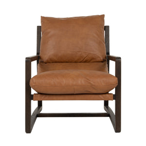 Rowena Interiors Leather Sling Accent Chair Solid Beech Wood Open Frame Mid-Century Modern Seating EC2365
