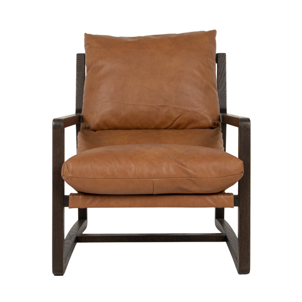 Rowena Interiors Leather Sling Accent Chair Solid Beech Wood Open Frame Mid-Century Modern Seating EC2365