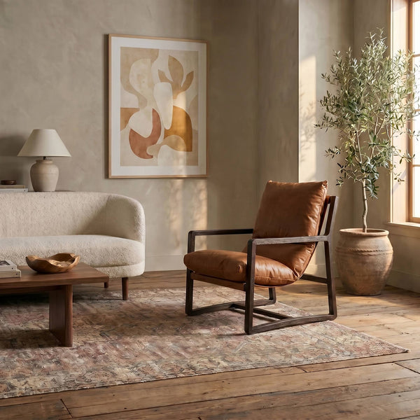 Rowena Interiors Leather Sling Accent Chair Solid Beech Wood Open Frame Mid-Century Modern Seating EC2365