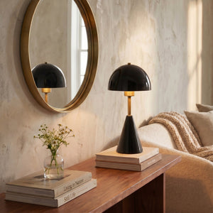 Rowena Interiors 14 Inch Handcrafted Stoneware Table Lamp with Artisan Dome Shade and Iron Accents EC2368