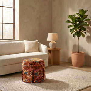 Rowena Interiors Round Floral Print Storage Ottoman Pleated Skirted Base for Bohemian Living Rooms EC2373