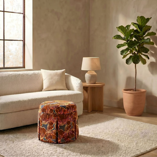 Rowena Interiors Round Floral Print Storage Ottoman Pleated Skirted Base for Bohemian Living Rooms EC2373