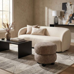 Rowena Interiors Round Stacked Upholstered Ottoman Dotted Polyester Fabric Rubberwood Ball Legs Accent EC2374