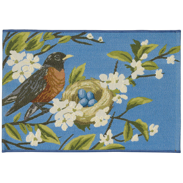 Trans Ocean Liora Manne Esencia Robin's Nest Indoor/Outdoor Mat - Whimsical Design With Charming Bird & Flowers Blue Polypropylene,Polyester Ecn23958603