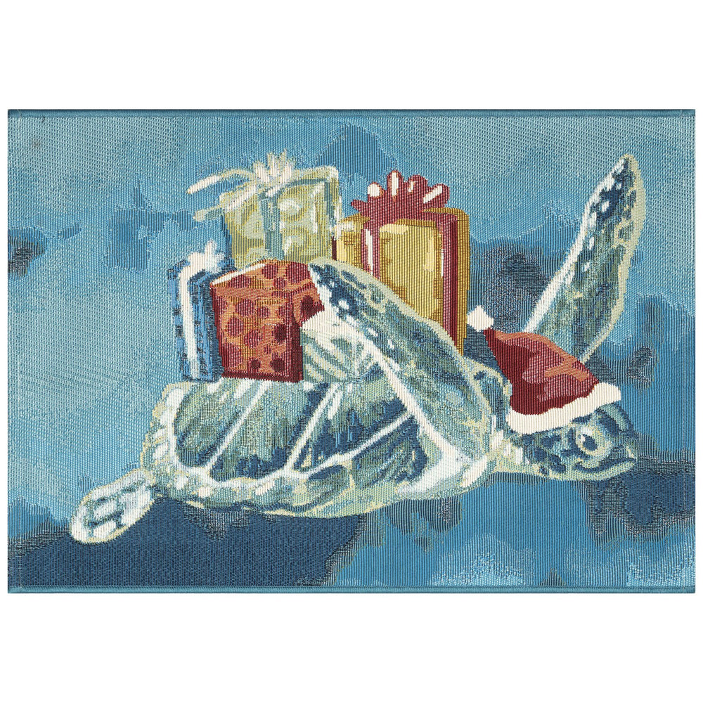 Trans Ocean Liora Manne Esencia Santa Seaturtle Indoor/Outdoor Mat - Festive Decor For Holiday Cheer! Blue Polypropylene,Polyester Ecn23971804