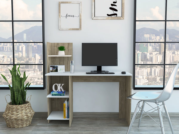English Elm Vilna Modern 120 Writing Desk with Four Open Shelves, Light Oak & White Finish, 47" Spacious Top B20092055