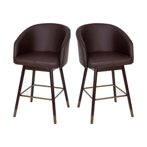 English Elm Commercial Grade 26" Commercial Mid-Back Modern Counter Stool, Walnut Finish Beechwood Legs and Contoured Back, LeatherSoft/Bronze Accents - - Set of 2