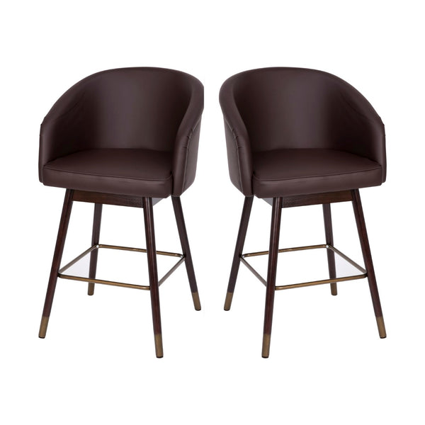 English Elm Commercial Grade 26" Commercial Mid-Back Modern Counter Stool, Walnut Finish Beechwood Legs and Contoured Back, LeatherSoft/Bronze Accents - - Set of 2