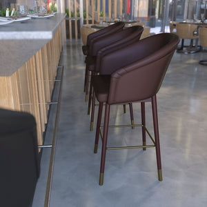 English Elm Commercial Grade 26" Commercial Mid-Back Modern Counter Stool, Walnut Finish Beechwood Legs and Contoured Back, LeatherSoft/Bronze Accents - - Set of 2