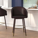 English Elm Commercial Grade 26" Commercial Mid-Back Modern Counter Stool, Walnut Finish Beechwood Legs and Contoured Back, LeatherSoft/Bronze Accents - - Set of 2