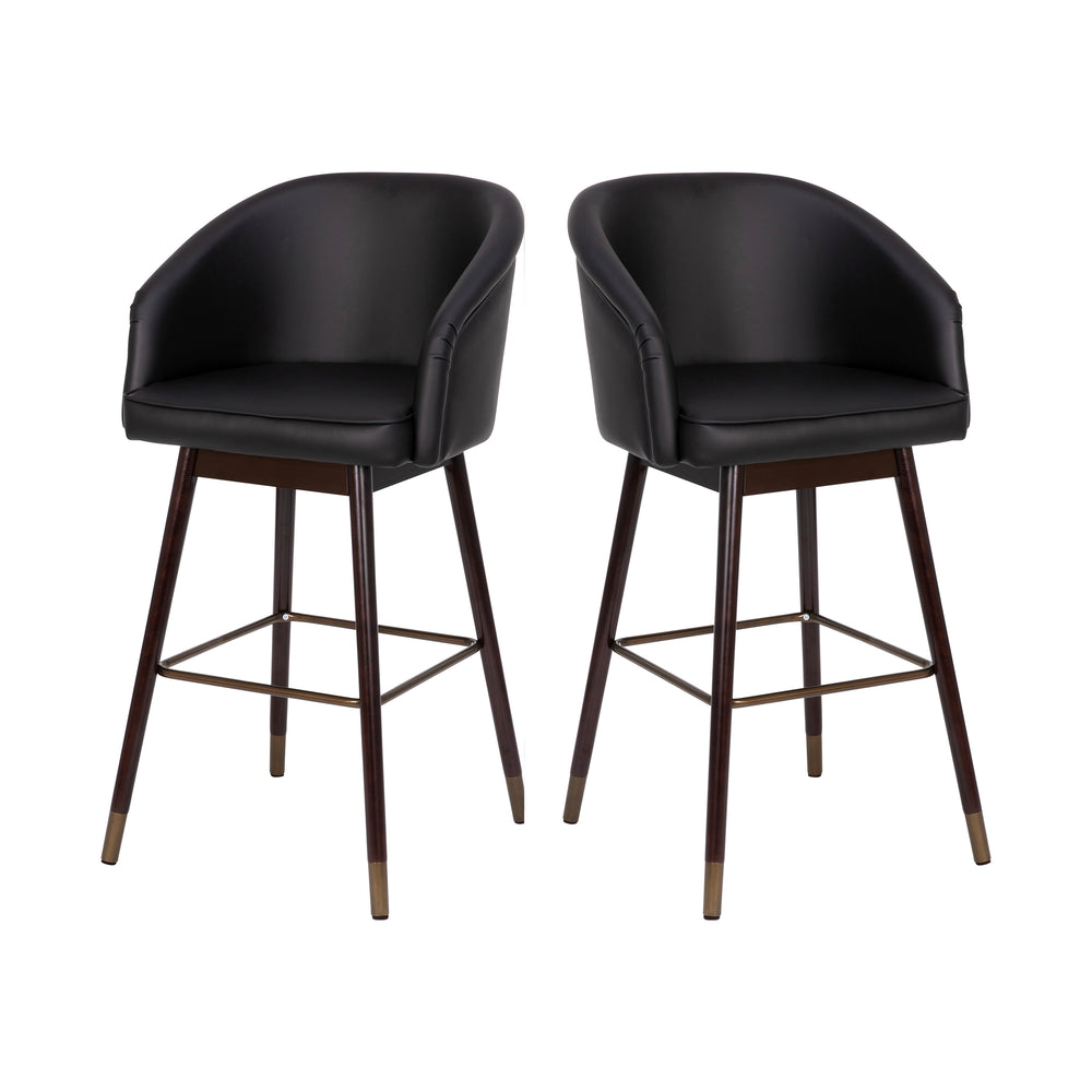 English Elm Commercial Grade 30" Commercial Grade Mid-Back Modern Barstool with Walnut Finish Beechwood Legs and Curved Back, LeatherSoft/Bronze Accents- - Set of 2
