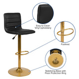 English Elm Modern Vinyl Adjustable Bar Stool with Back, Counter Height Swivel Stool with Gold Pedestal Base - Set of 2