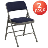 English Elm Commercial Grade 2 Pack Series Curved Triple Braced & Double Hinged Navy Fabric Metal Folding Chair