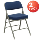 English Elm Commercial Grade 2 Pack Series Premium Curved Triple Braced & Double Hinged Navy Fabric Metal Folding Chair