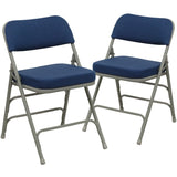 English Elm Commercial Grade 2 Pack Series Premium Curved Triple Braced & Double Hinged Navy Fabric Metal Folding Chair