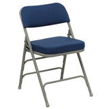 English Elm Commercial Grade 2 Pack Series Premium Curved Triple Braced & Double Hinged Navy Fabric Metal Folding Chair