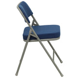 English Elm Commercial Grade 2 Pack Series Premium Curved Triple Braced & Double Hinged Navy Fabric Metal Folding Chair