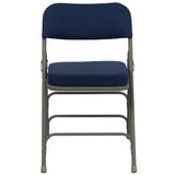 English Elm Commercial Grade 2 Pack Series Premium Curved Triple Braced & Double Hinged Navy Fabric Metal Folding Chair