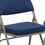 English Elm Commercial Grade 2 Pack Series Premium Curved Triple Braced & Double Hinged Navy Fabric Metal Folding Chair