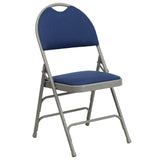 English Elm Commercial Grade 2 Pack Series Ultra-Premium Triple Braced Navy Fabric Metal Folding Chair with Easy-Carry Handle