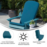 English Elm Commercial Grade - Set of 2 All-Weather Poly Resin Wood Adirondack Chairs in Teak with Teal Cushions for Deck, Porch, and Patio