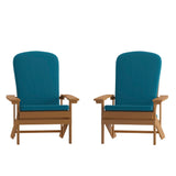 English Elm Commercial Grade - Set of 2 All-Weather Poly Resin Wood Adirondack Chairs in Teak with Teal Cushions for Deck, Porch, and Patio