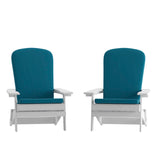 English Elm Commercial Grade - Set of 2 All-Weather Poly Resin Indoor/Outdoor Folding Adirondack Chairs in with Teal Cushions for Deck, Porch, and Patio