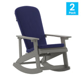 English Elm Commercial Grade - Set of 2 All-Weather Poly Resin Wood Adirondack Rocking Chairs in with Blue Cushions for Deck, Porch, and Patio