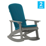 English Elm Commercial Grade - Set of 2 All-Weather Poly Resin Wood Adirondack Rocking Chairs in with Teal Cushions for Deck, Porch, and Patio