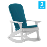 English Elm Commercial Grade - Set of 2 All-Weather Poly Resin Wood Adirondack Rocking Chairs in with Teal Cushions for Deck, Porch, and Patio