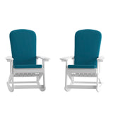 English Elm Commercial Grade - Set of 2 All-Weather Poly Resin Wood Adirondack Rocking Chairs in with Teal Cushions for Deck, Porch, and Patio