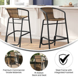 English Elm Commercial Grade - Set of 2 Commercial Grade Indoor-Outdoor PE Rattan Restaurant Barstool with Black Aluminum Frame and Footrest