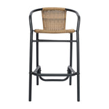 English Elm Commercial Grade - Set of 2 Commercial Grade Indoor-Outdoor PE Rattan Restaurant Barstool with Black Aluminum Frame and Footrest