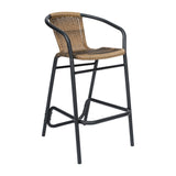 English Elm Commercial Grade - Set of 2 Commercial Grade Indoor-Outdoor PE Rattan Restaurant Barstool with Black Aluminum Frame and Footrest