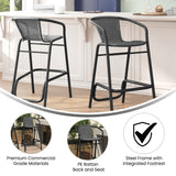 English Elm Commercial Grade - Set of 2 Commercial Grade Indoor-Outdoor PE Rattan Restaurant Barstool with Black Aluminum Frame and Footrest