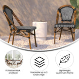 English Elm Commercial Grade - Set of 2 Indoor/Outdoor Commercial French Bistro Stacking Chairs, /White PE Rattan Back and Seat, Bamboo Print Aluminum Frame in Natural