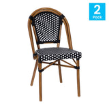 English Elm Commercial Grade - Set of 2 Indoor/Outdoor Commercial French Bistro Stacking Chairs, /White PE Rattan Back and Seat, Bamboo Print Aluminum Frame in Natural