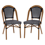 English Elm Commercial Grade - Set of 2 Indoor/Outdoor Commercial French Bistro Stacking Chairs, /White PE Rattan Back and Seat, Bamboo Print Aluminum Frame in Natural