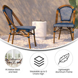 English Elm Commercial Grade - Set of 2 Indoor/Outdoor Commercial French Bistro Stacking Chairs, Navy/White PE Rattan Back and Seat, Bamboo Print Aluminum Frame in Natural