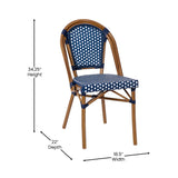 English Elm Commercial Grade - Set of 2 Indoor/Outdoor Commercial French Bistro Stacking Chairs, Navy/White PE Rattan Back and Seat, Bamboo Print Aluminum Frame in Natural