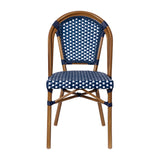 English Elm Commercial Grade - Set of 2 Indoor/Outdoor Commercial French Bistro Stacking Chairs, Navy/White PE Rattan Back and Seat, Bamboo Print Aluminum Frame in Natural